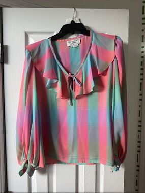 Charming Pastel Plaid Ruffle Tie-Neck Blouse - Pink/Teal
